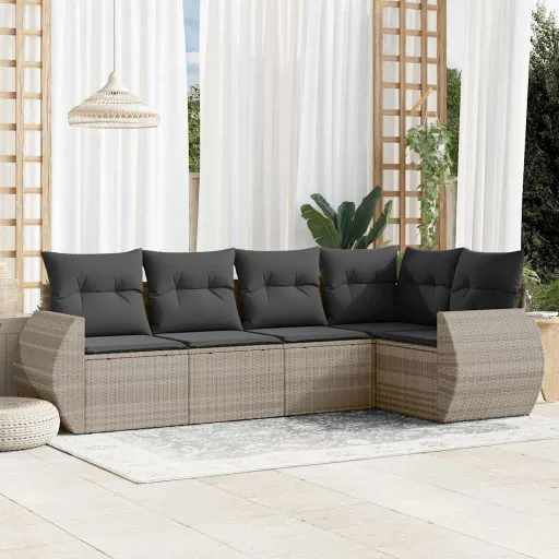 Conj. Sofás Jardim c/ Almofadões Vime PE Cinzento-Claro (5 pcs)