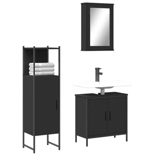 Conjunto Móveis Casa de Banho Derivados de Madeira Preto (3 pcs)