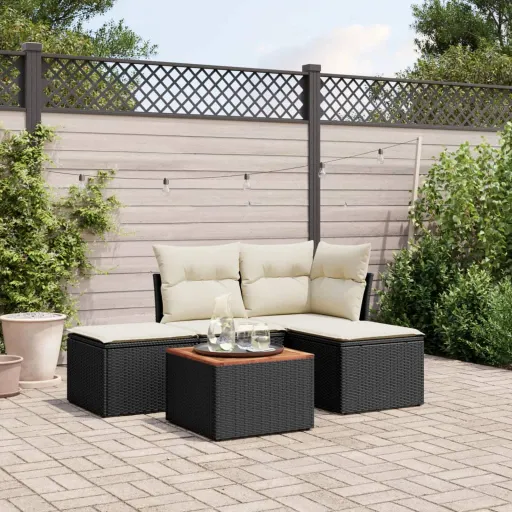Conjunto Sofás de Jardim com Almofadões Vime PE Preto (5 pcs)