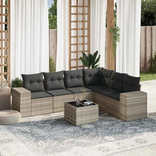 Conj. Sofás Jardim com Almofadões Vime PE Cinzento-Claro (7 pcs)