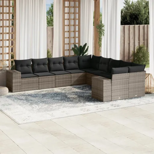 Conjunto Sofás de Jardim c/ Almofadões Vime PE Cinzento (10 pcs)