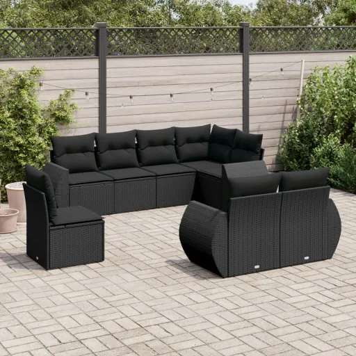 Conjunto Sofás de Jardim com Almofadões Vime PE Preto (8 pcs)