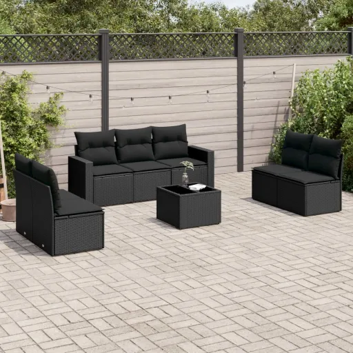 Conjunto Sofás de Jardim com Almofadões Vime PE Preto (8 pcs)