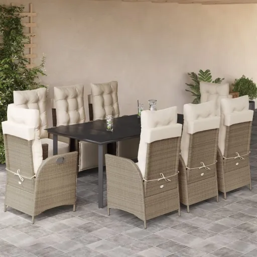 Conjunto de Jantar p/ Jardim com Almofadões Vime PE Bege (9 pcs)