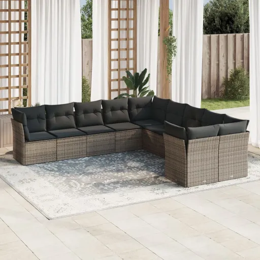 Conjunto Sofás de Jardim c/ Almofadões Vime PE Cinzento (10 pcs)