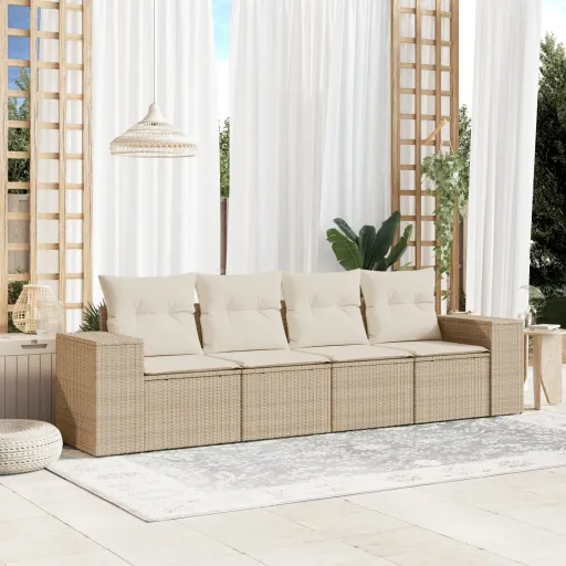 Conjunto de Sofás para Jardim c/ Almofadões Vime PE Bege (4 pcs)