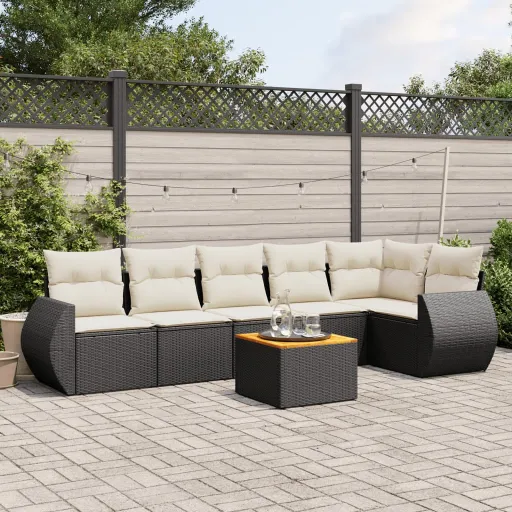 Conjunto de Sofás p/ Jardim c/ Almofadões Vime PE Preto (7 pcs)