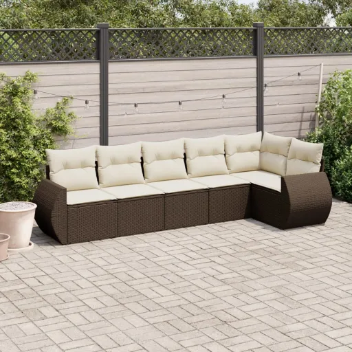 Conjunto de Sofás Jardim c/ Almofadões Vime PE Castanho (6 pcs)