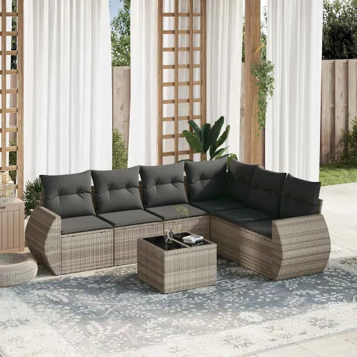 Conj. Sofás Jardim com Almofadões Vime PE Cinzento-Claro (7 pcs)