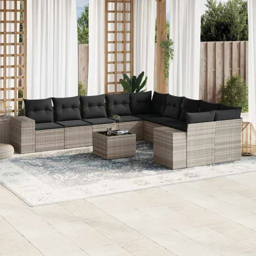 Conjunto Sofás de Jardim c/ Almofadões Vime PE Cinzento (11 pcs)