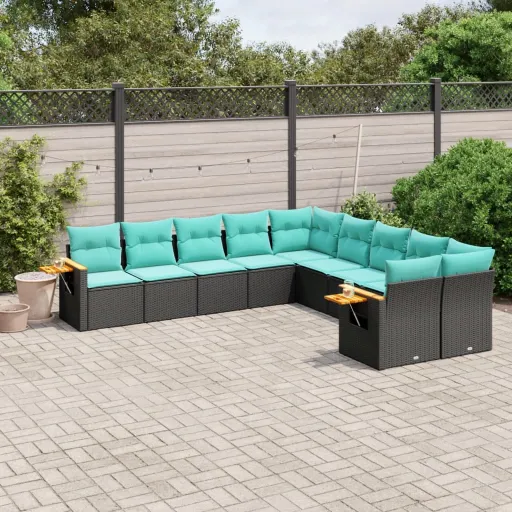 Conjunto de Sofás p/ Jardim c/ Almofadões Vime PE Preto (10 pcs)