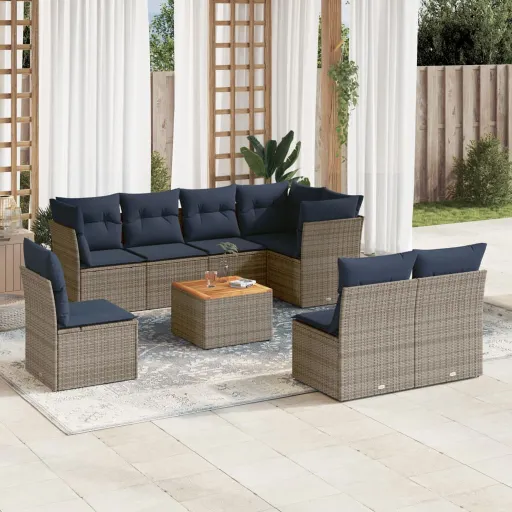 Conjunto Sofás p/ Jardim c/ Almofadões Vime PE Cinzento (9 pcs)