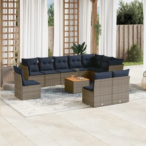 Conjunto Sofás de Jardim c/ Almofadões Vime PE Cinzento (11 pcs)