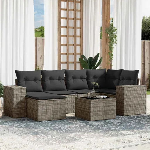 Conjunto Sofás p/ Jardim c/ Almofadões Vime PE Cinzento (7 pcs)