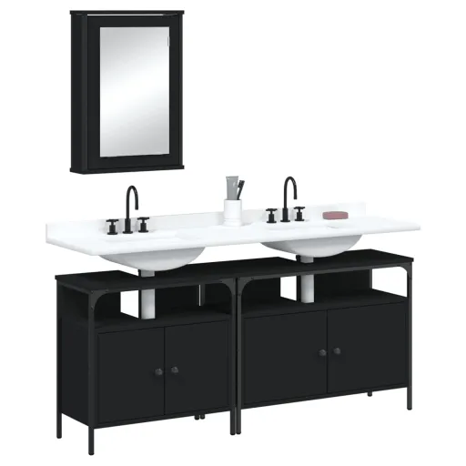 Conjunto Móveis Casa de Banho Derivados de Madeira Preto (3 pcs)