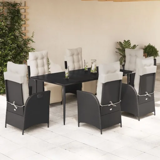 Conjunto de Jantar p/ Jardim c/ Almofadões Vime PE Preto (7 pcs)