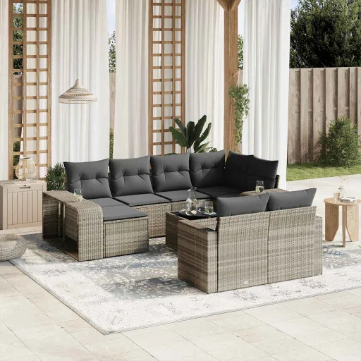 Conjunto Sofás de Jardim c/ Almofadões Vime PE Cinzento (11 pcs)