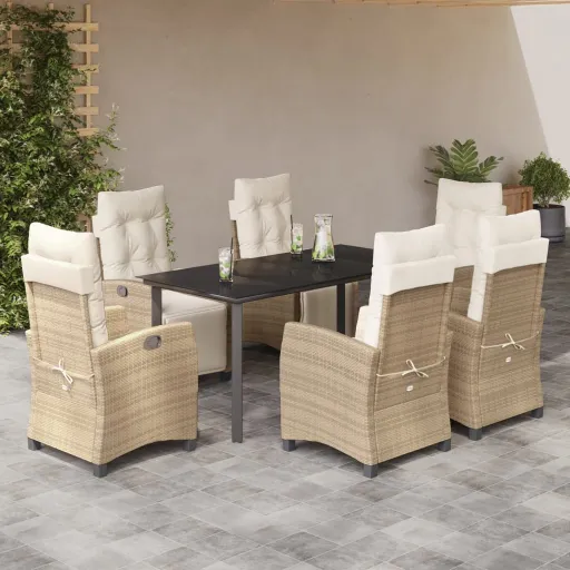 Conjunto de Jantar p/ Jardim com Almofadões Vime PE Bege (7 pcs)
