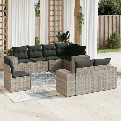 Conj. Sofás Jardim c/ Almofadões Vime PE Cinzento-Claro (8 pcs)