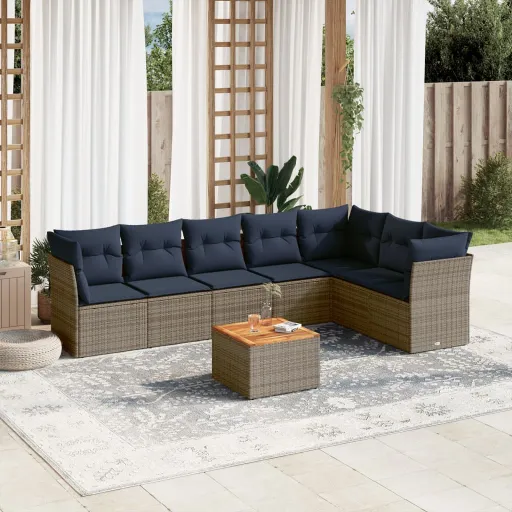 Conjunto Sofás p/ Jardim c/ Almofadões Vime PE Cinzento (8 pcs)