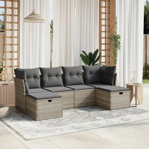Conj. Sofás Jardim com Almofadões Vime PE Cinzento-Claro (6 pcs)