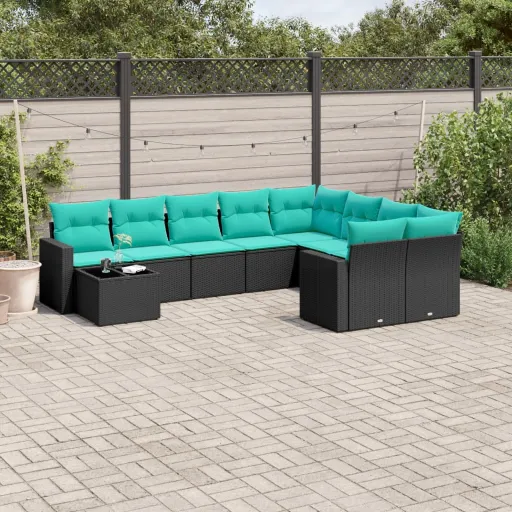 Conjunto de Sofás p/ Jardim c/ Almofadões Vime PE Preto (10 pcs)