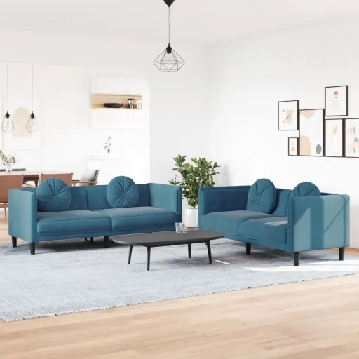 Conjunto de Sofás com Almofadas Veludo Azul (2 pcs)