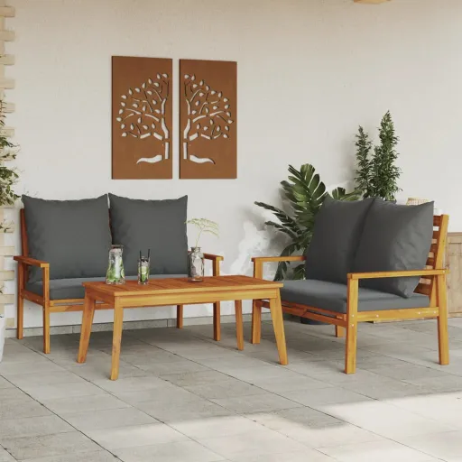 Conjunto Lounge de Jardim c/ Almofadões Acácia Maciça (3 pcs)