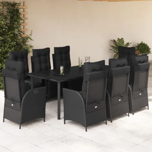 Conjunto de Jantar p/ Jardim c/ Almofadões Vime PE Preto (9 pcs)