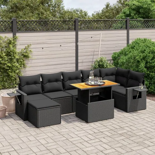 Conjunto Sofás de Jardim com Almofadões Vime PE Preto (8 pcs)