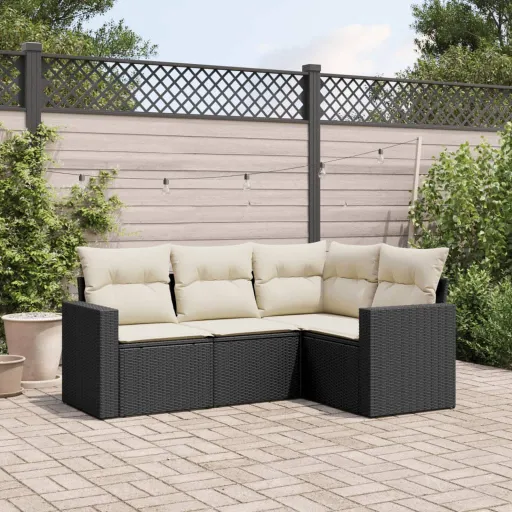 Conjunto de Sofás para Jardim c/ Almofadões Vime PE Preto (4 pcs)