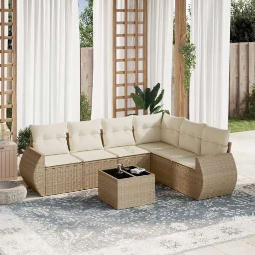 Conjunto de Sofás p/ Jardim com Almofadões Vime PE Bege (7 pcs)