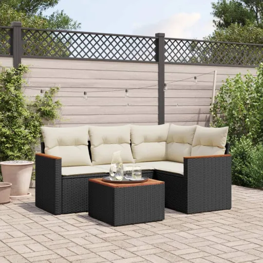 Conjunto Sofás de Jardim com Almofadões Vime PE Preto (5 pcs)