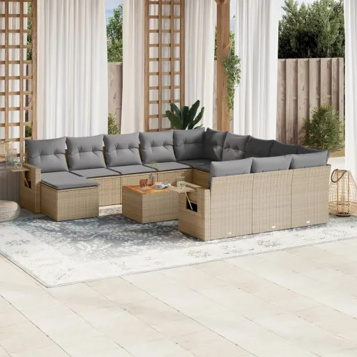 Conjunto de Sofás p/ Jardim com Almofadões Vime PE Bege (13 pcs)