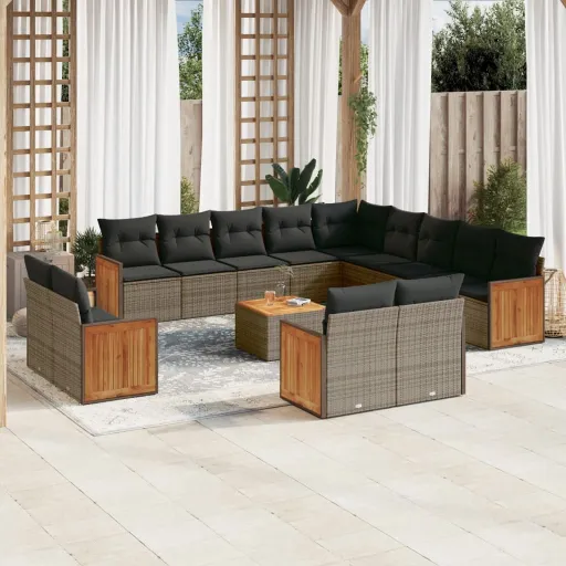 Conjunto Sofás p/ Jardim c/ Almofadões Vime PE Cinzento (14 pcs)