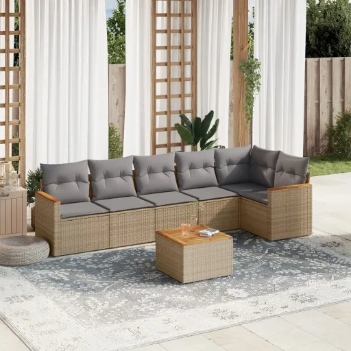 Conj. Sofás Jardim c/ Almofadões Vime PE Bege Misturado (7 pcs)