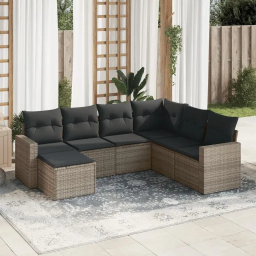 Conjunto Sofás p/ Jardim c/ Almofadões Vime PE Cinzento (7 pcs)