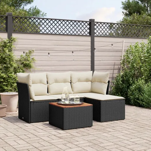 Conjunto Sofás de Jardim com Almofadões Vime PE Preto (5 pcs)