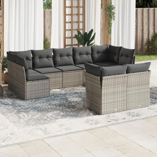 Conjunto Sofás p/ Jardim com Almofadões Vime PE Cinzento (9 pcs)
