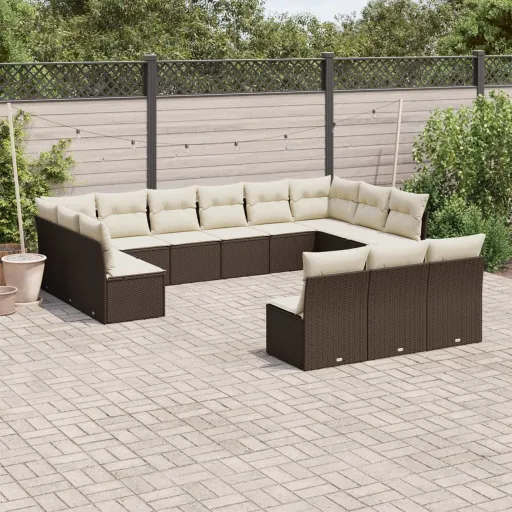 Conjunto Sofás p/ Jardim c/ Almofadões Vime PE Castanho (13 pcs)