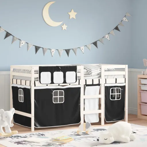 Cama Alta Criança c/ Cortina 90x190cm Pinho Maciço Branco/Preto