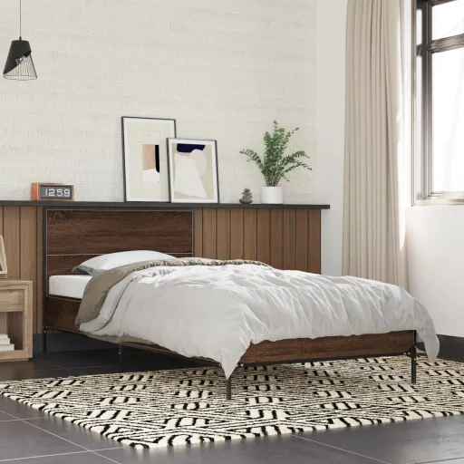 Estrutura de Cama Derivados de Madeira/Metal Carvalho Castanho
