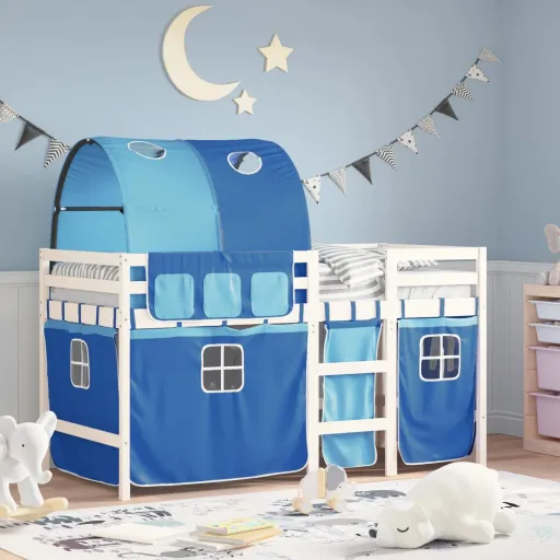 Cama Alta para Criança com Túnel 90x190 cm Pinho Maciço Azul