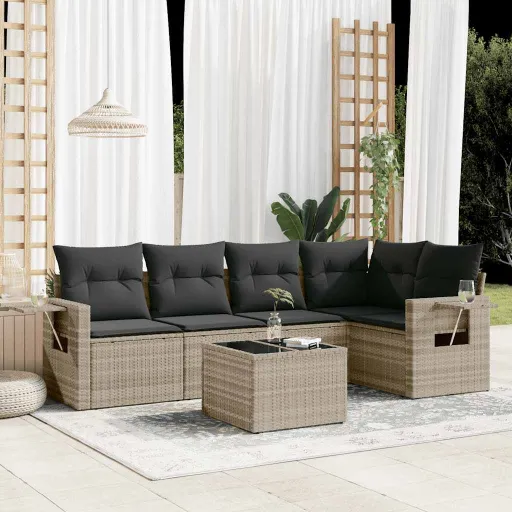 Conj. Sofás Jardim com Almofadões Vime PE Cinzento-Claro (6 pcs)
