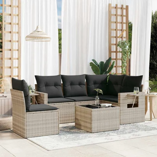 Conj. Sofás Jardim com Almofadões Vime PE Cinzento-Claro (6 pcs)