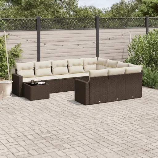 Conjunto Sofás de Jardim c/ Almofadões Vime PE Castanho (11 pcs)