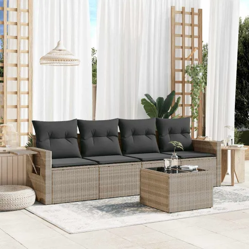 Conj. Sofás Jardim c/ Almofadões Vime PE Cinzento-Claro (5 pcs)