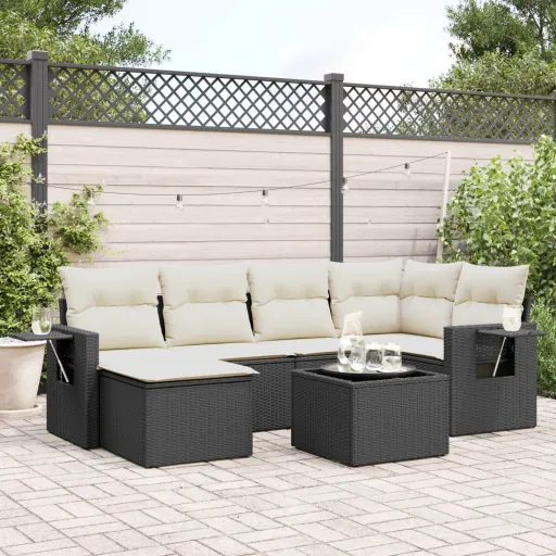 Conjunto de Sofás p/ Jardim c/ Almofadões Vime PE Preto (7 pcs)
