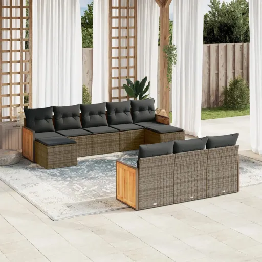 Conjunto Sofás de Jardim c/ Almofadões Vime PE Cinzento (10 pcs)