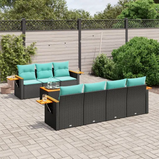 Conjunto de Sofás p/ Jardim c/ Almofadões Vime PE Preto (8 pcs)